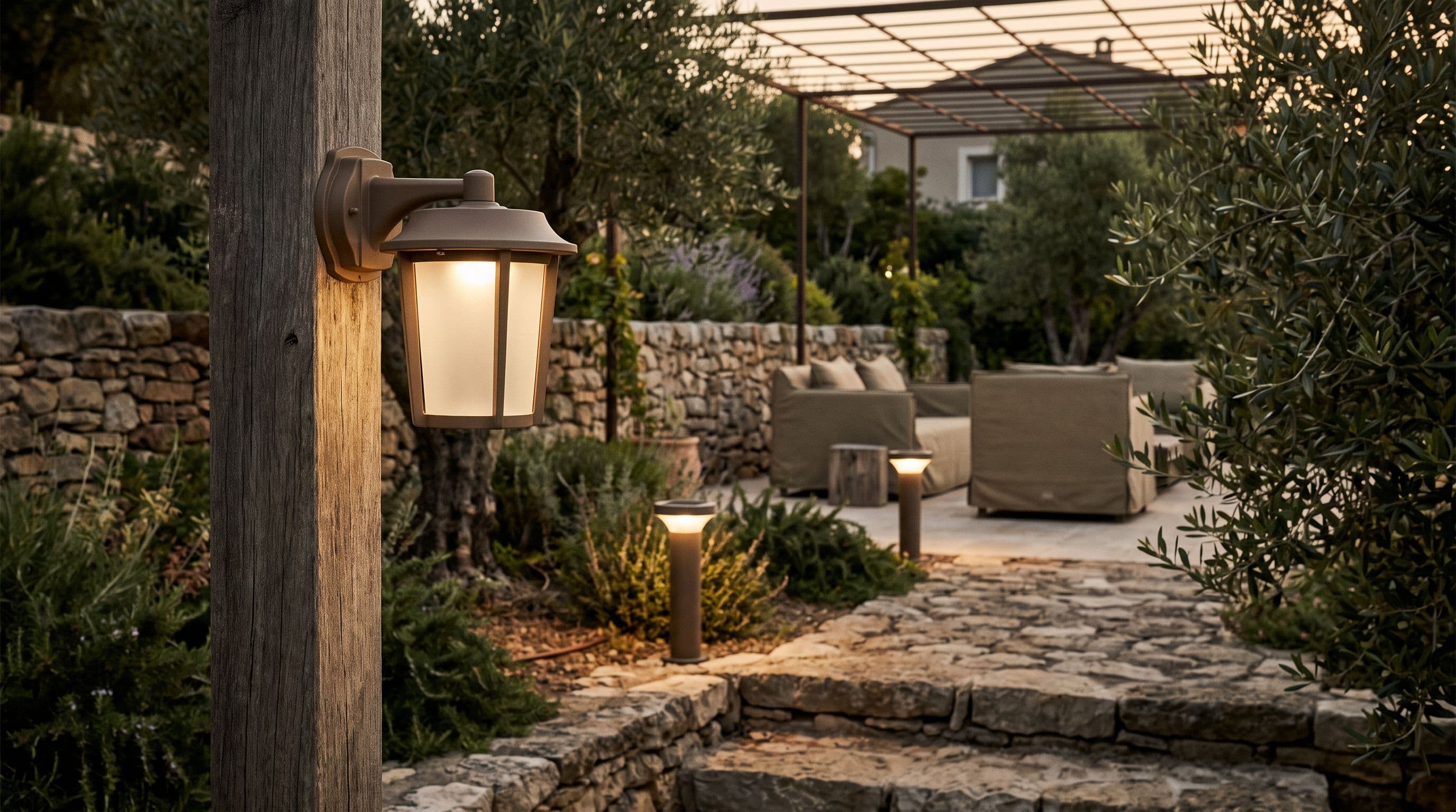 Lampes solaires murale et à piquer éclairant un jardin en pierre au crépuscule